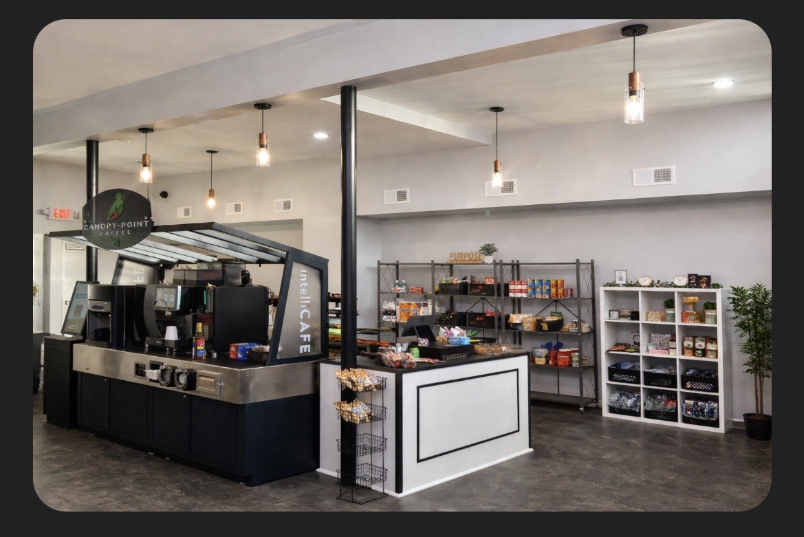Completed Kornr Store café counter and retail shelving